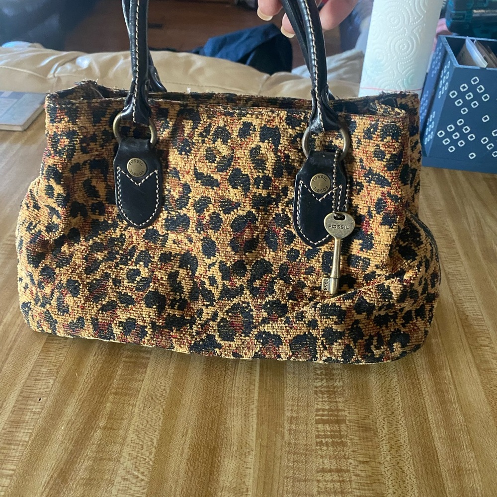 Fossil Brown and Black Satchel with Leopard Print